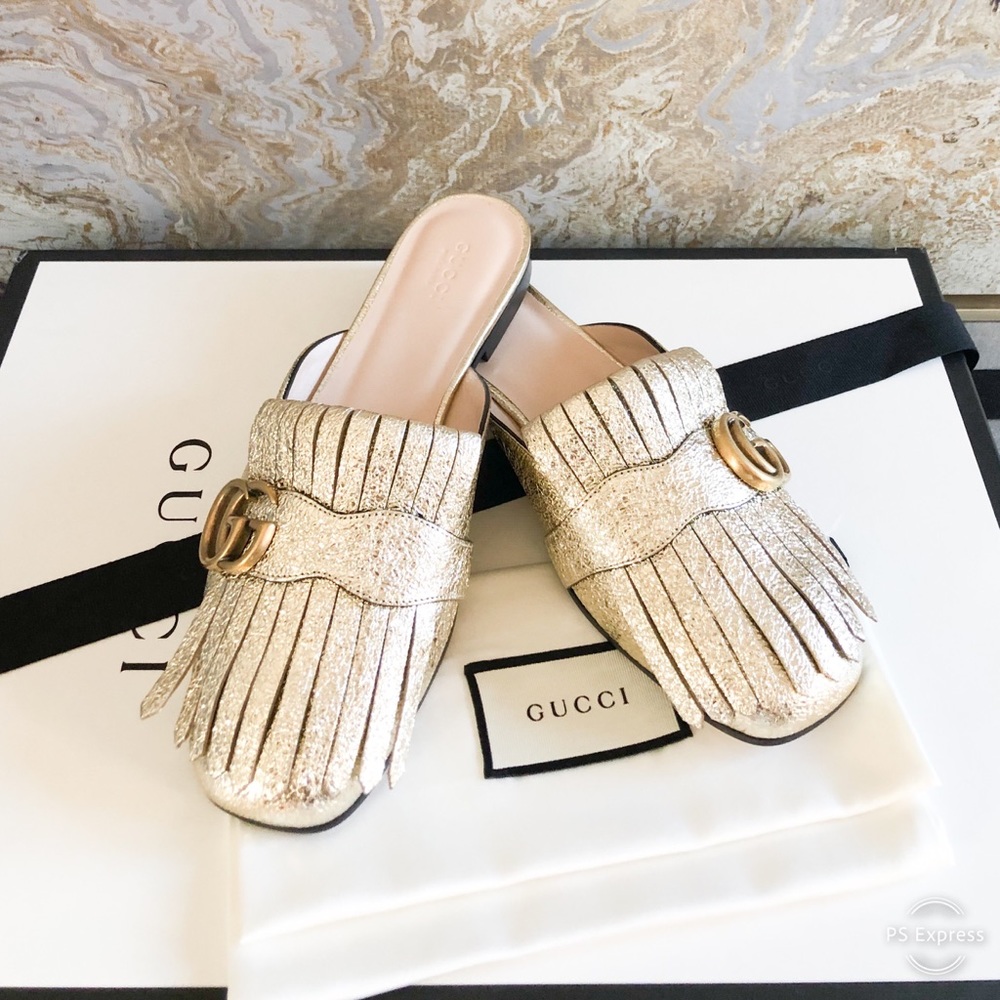 Gucci GG Marmont Gold Metallic Fringe Mule Loafers